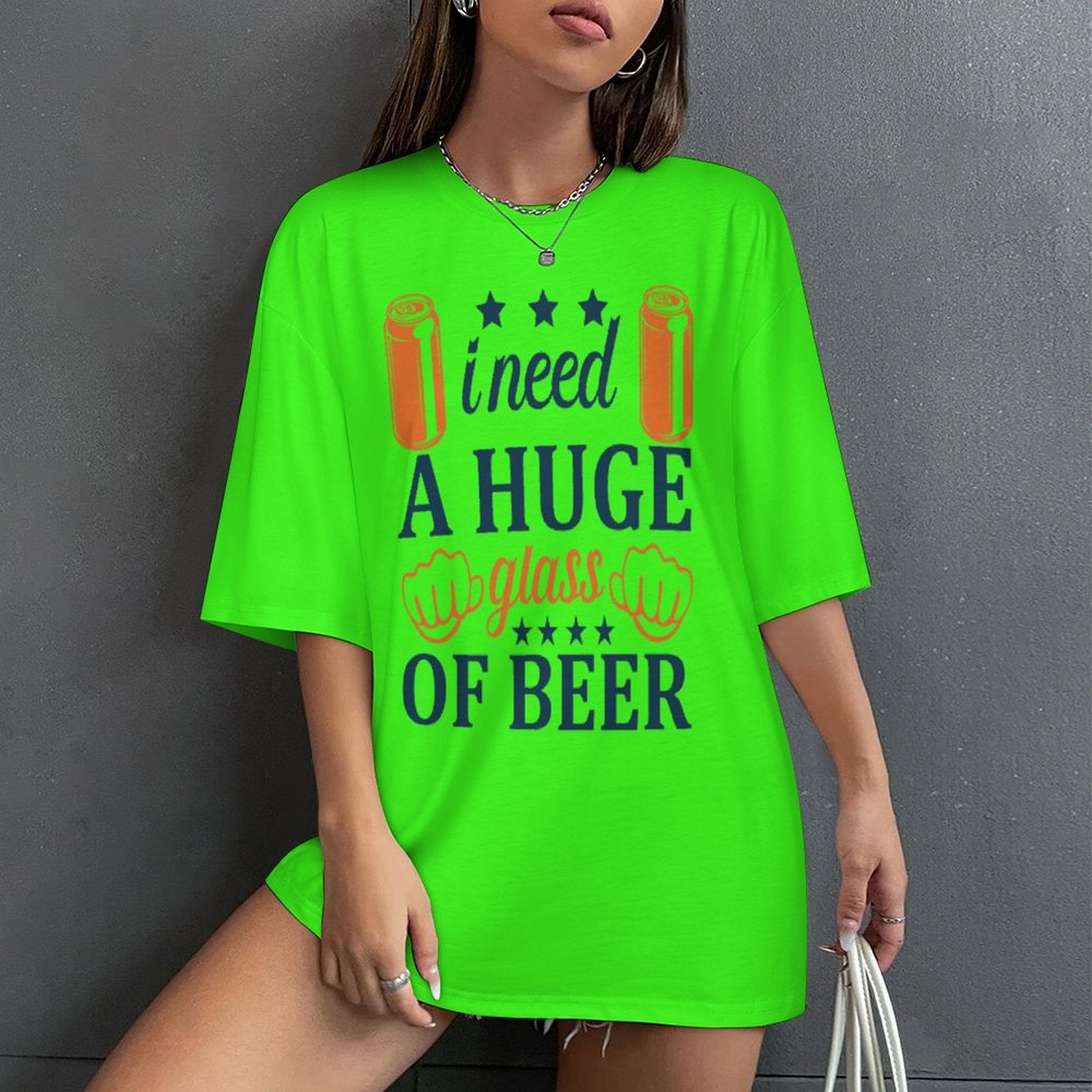 Women's Need Huge Beer Glass Typography Oversized T-shirt