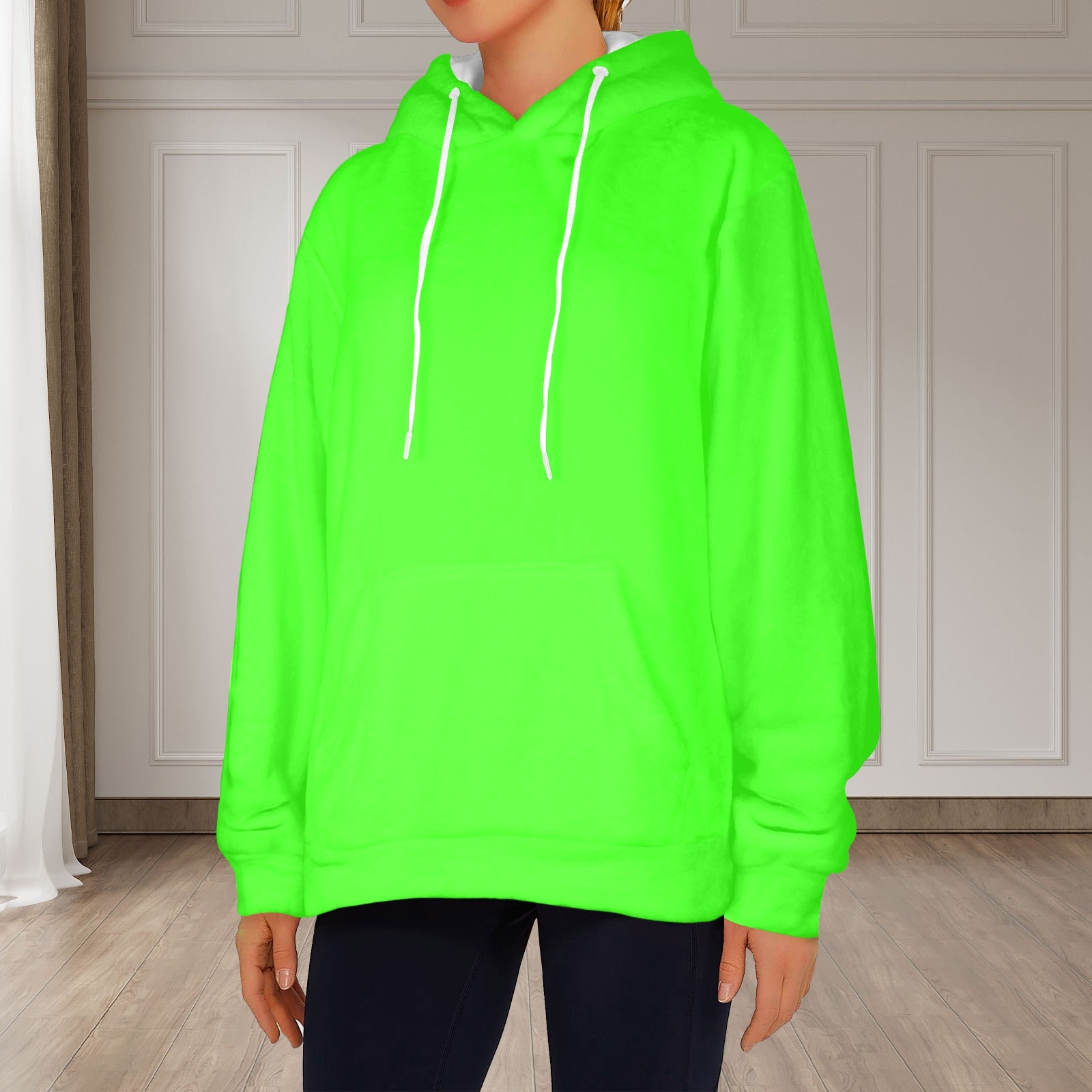 Women's Electric Green Solid Flannel Hoodie
