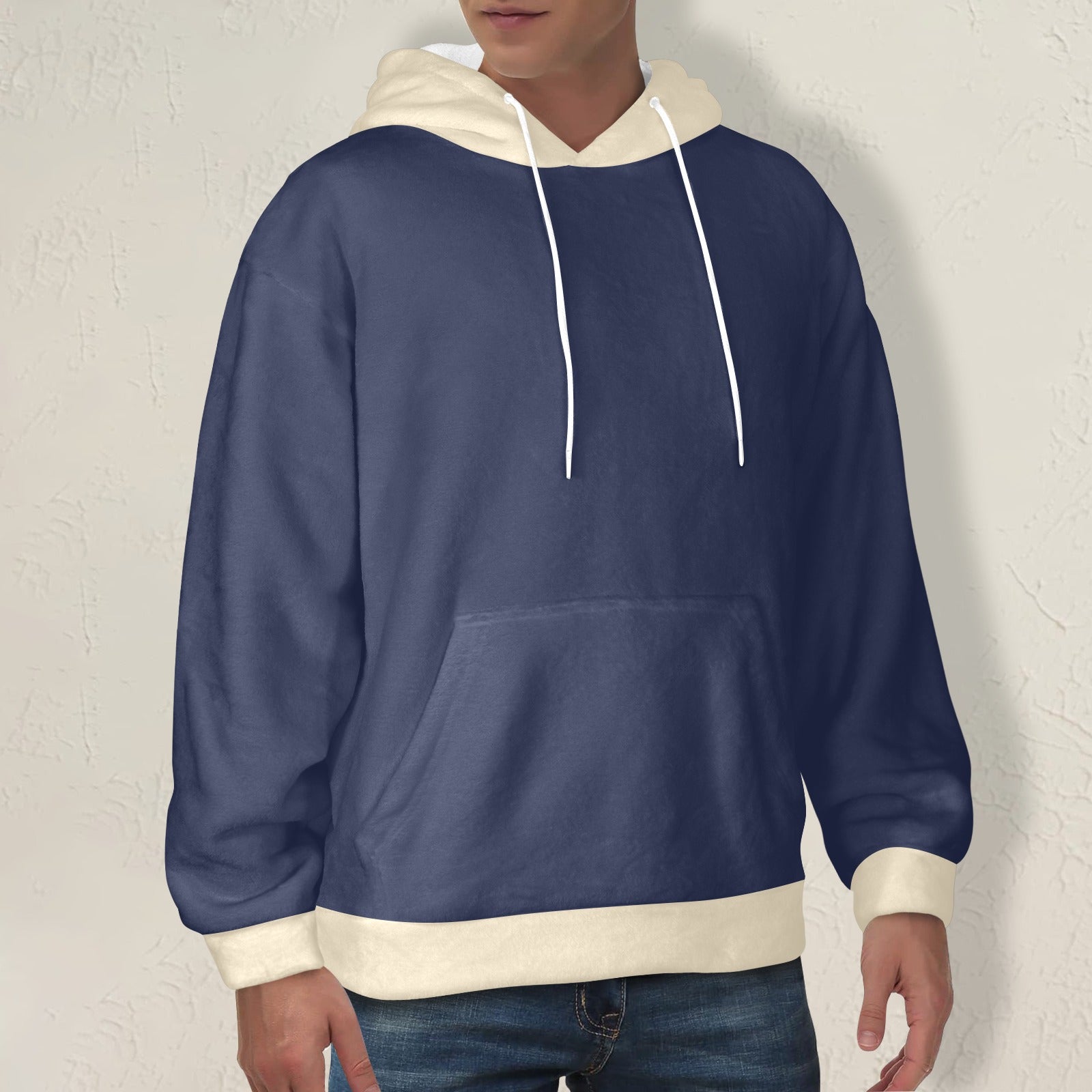 Men's Blue & Cream Solid Flannel Hoodie