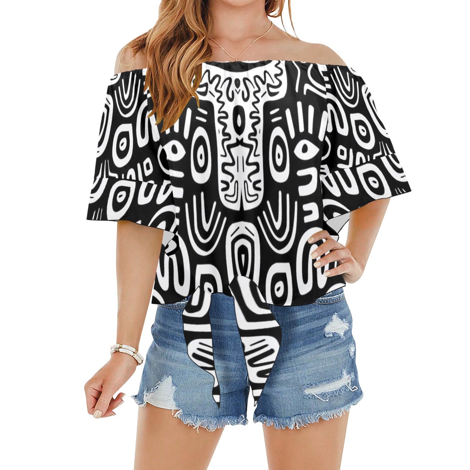 Women's Tribal Art Acid & Punk Shoulder Knot Front Blouse Top