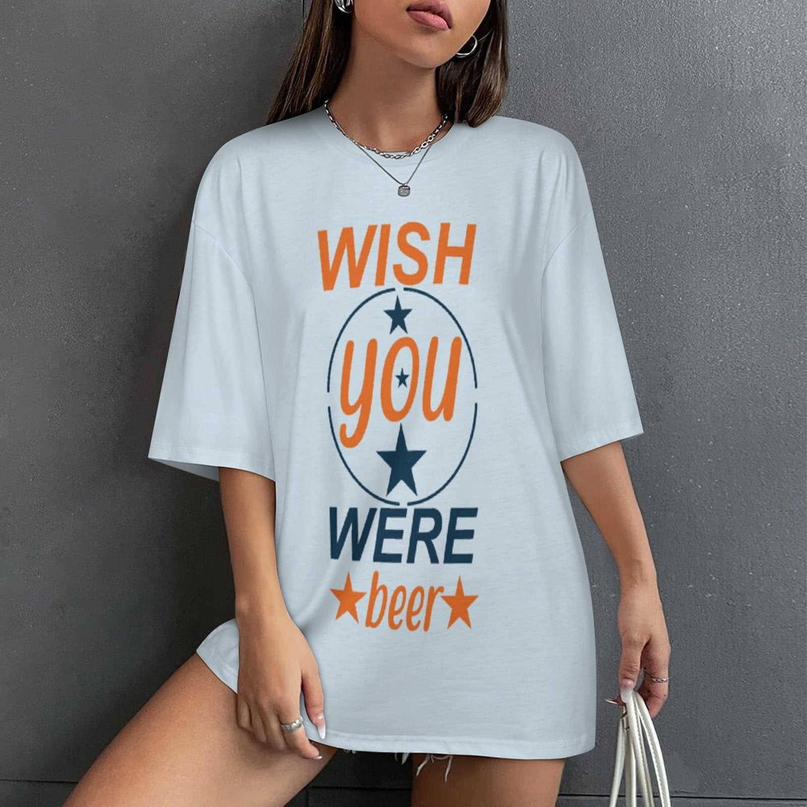 Women's Wish You Were Beer Typography Oversized T-shirt