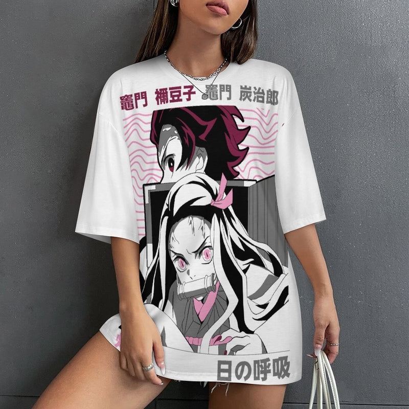 Women's Nezuko & Tanjiro Demon Slayer Anime Oversized T-shirt