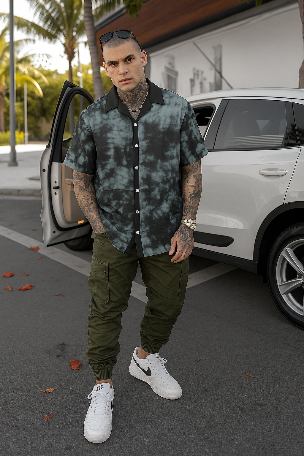 Men's Black Tie-Dye Abstract Half Sleeve Shirt