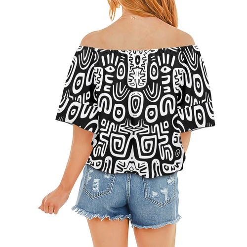 Women's Tribal Art Acid & Punk Shoulder Knot Front Blouse Top
