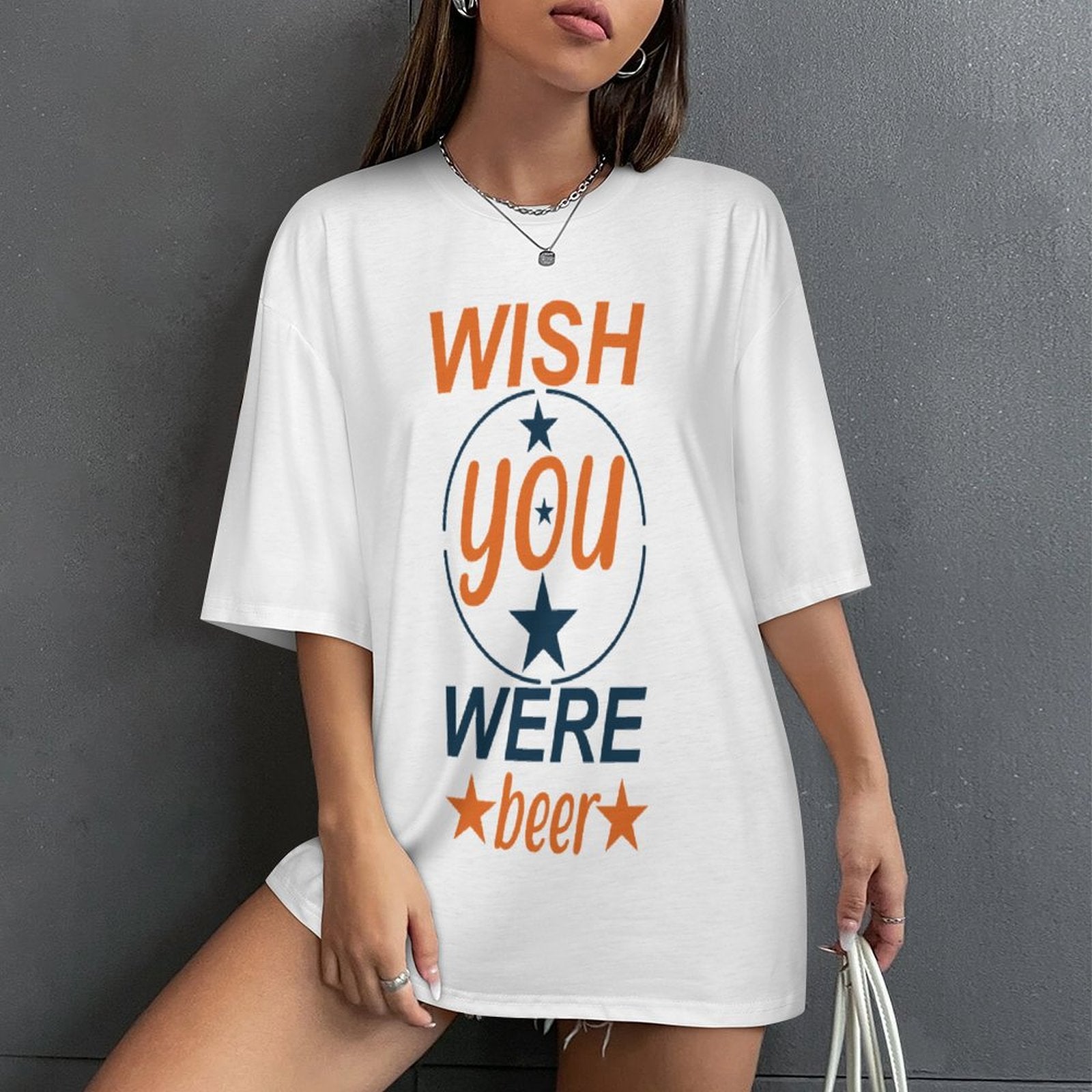 Women's Wish You Were Beer Typography Oversized T-shirt