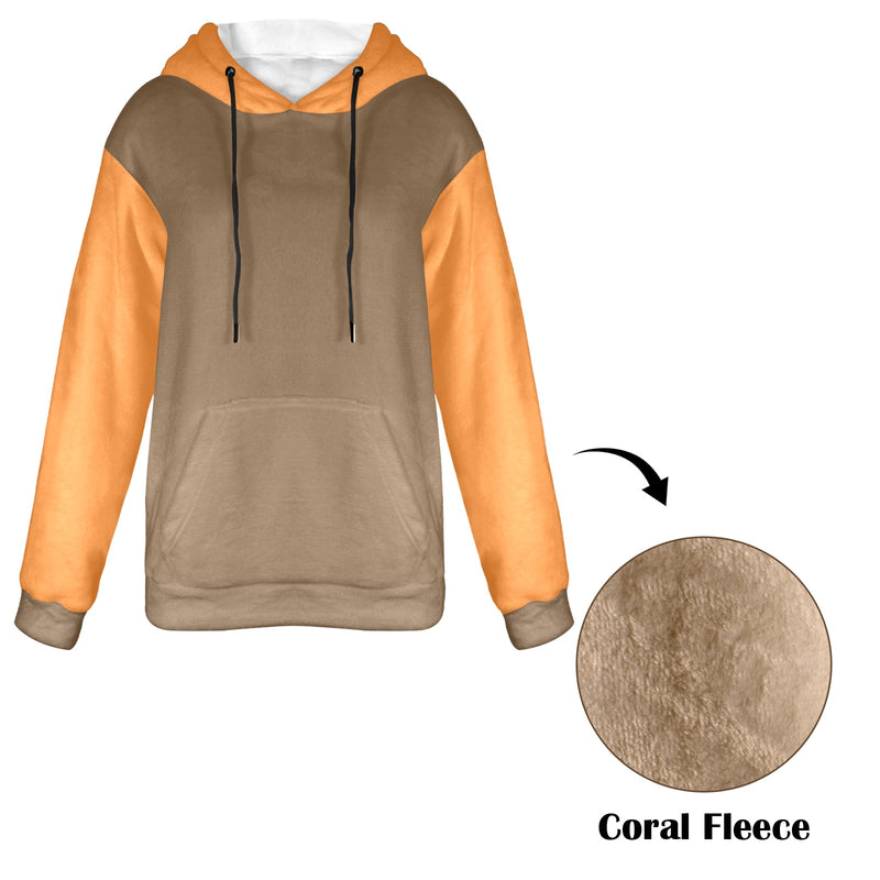 Women's Brown & Deep Carrot Orange Solid Flannel Hoodie