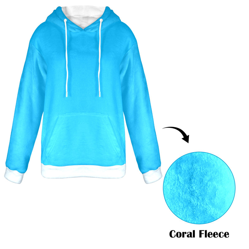 Women's Sky Blue White Solid Flannel Hoodie