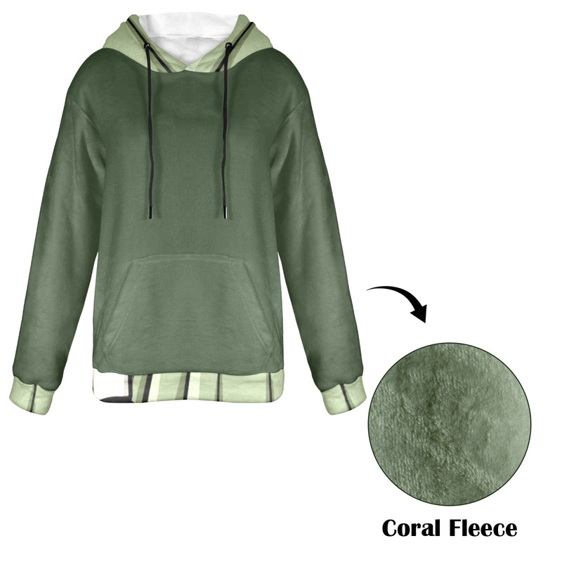 Women's Grey Asparagus Green Solid Flannel Hoodie