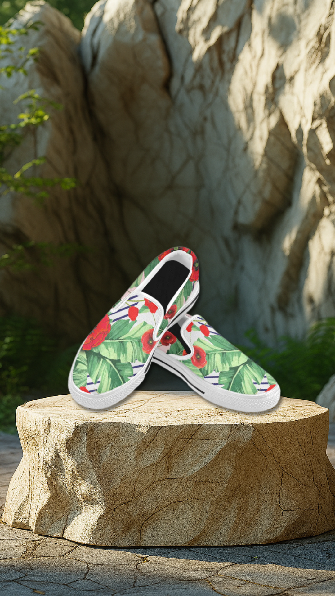 Men's Pop Red Floral Print Canvas Slip-on Shoes