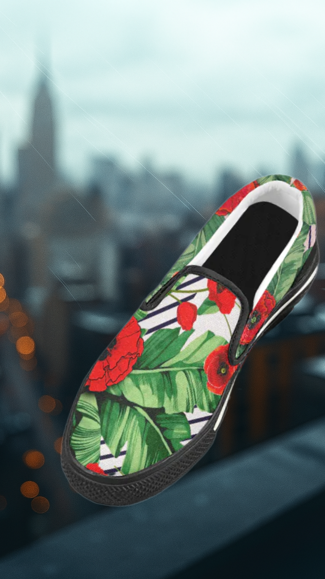 Men's Pop Red Floral Print Canvas Slip-on Shoes