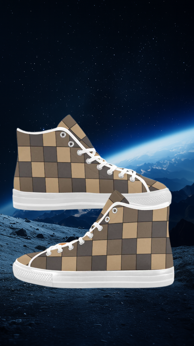 Men's Brown Monochrome Checks Print High Top Canvas Shoes