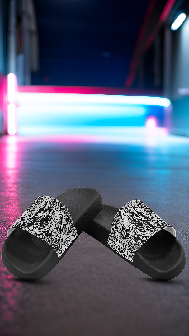 Men's Black and White Doodle Print Canvas Sliders Sandal