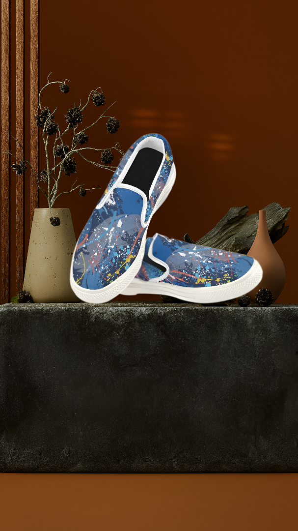 Men's Aquatic Paint Splatter Print Canvas Slip-on Shoes
