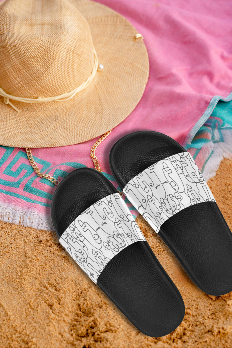 Women's White Face Doodle Print Sliders Sandal