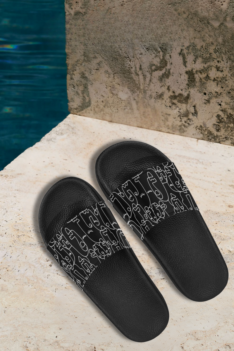 Women's Black Face Doodle Print Sliders Sandal