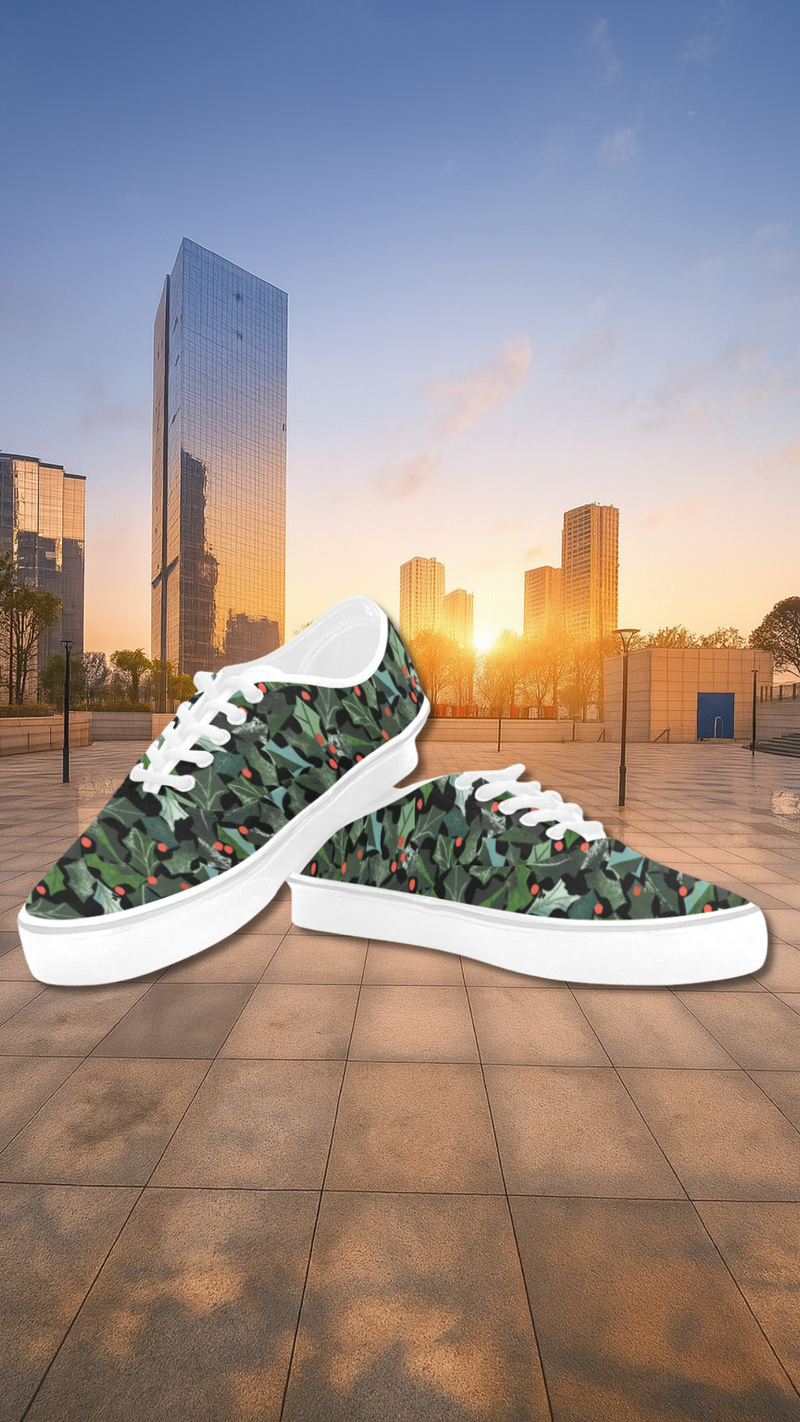 Women's Ivy Plants Christmas Print Canvas Low Top Shoes