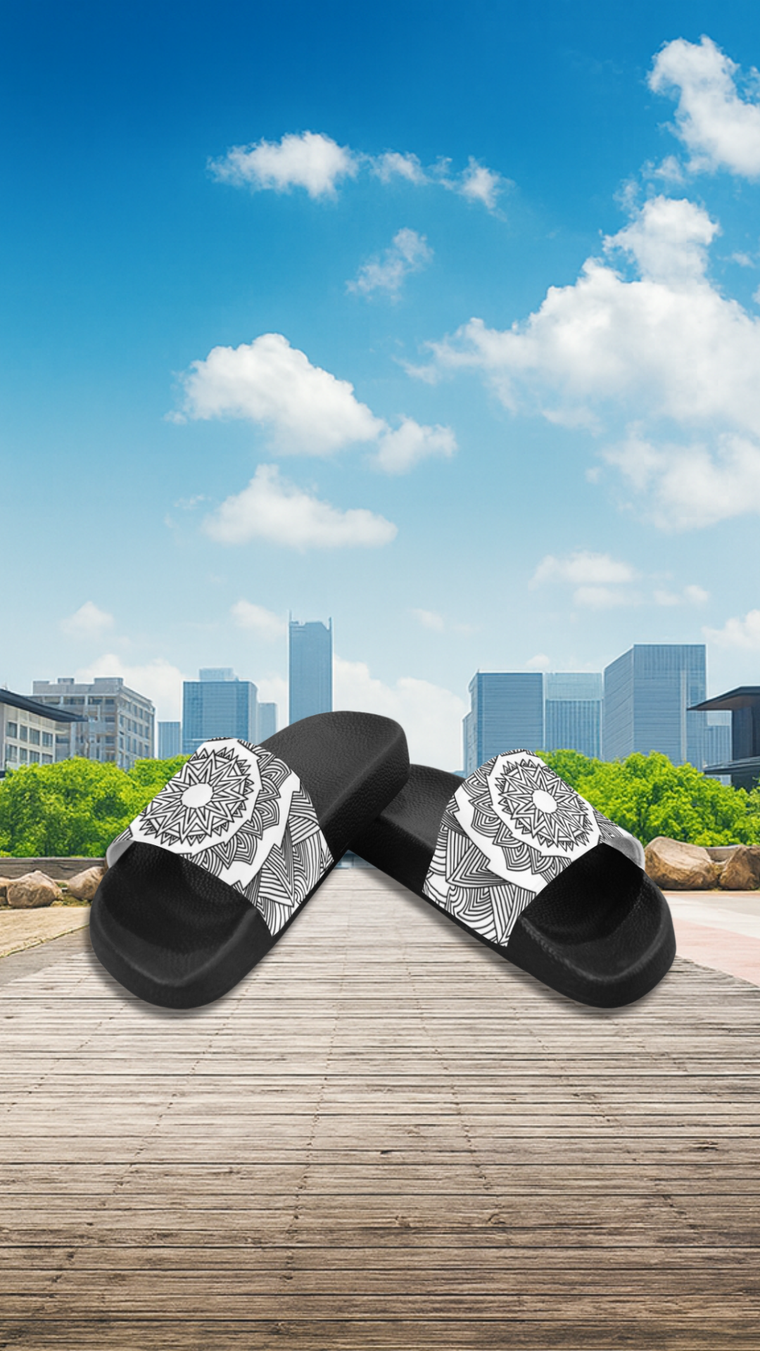 Women's Monochrome Mandala Abstract Slider Sandals