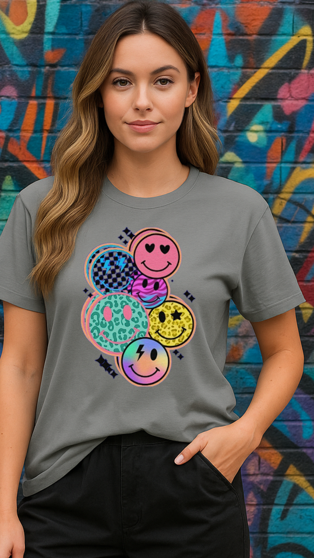 Women's Multi Smile Streetwear Classic Fit T-shirt
