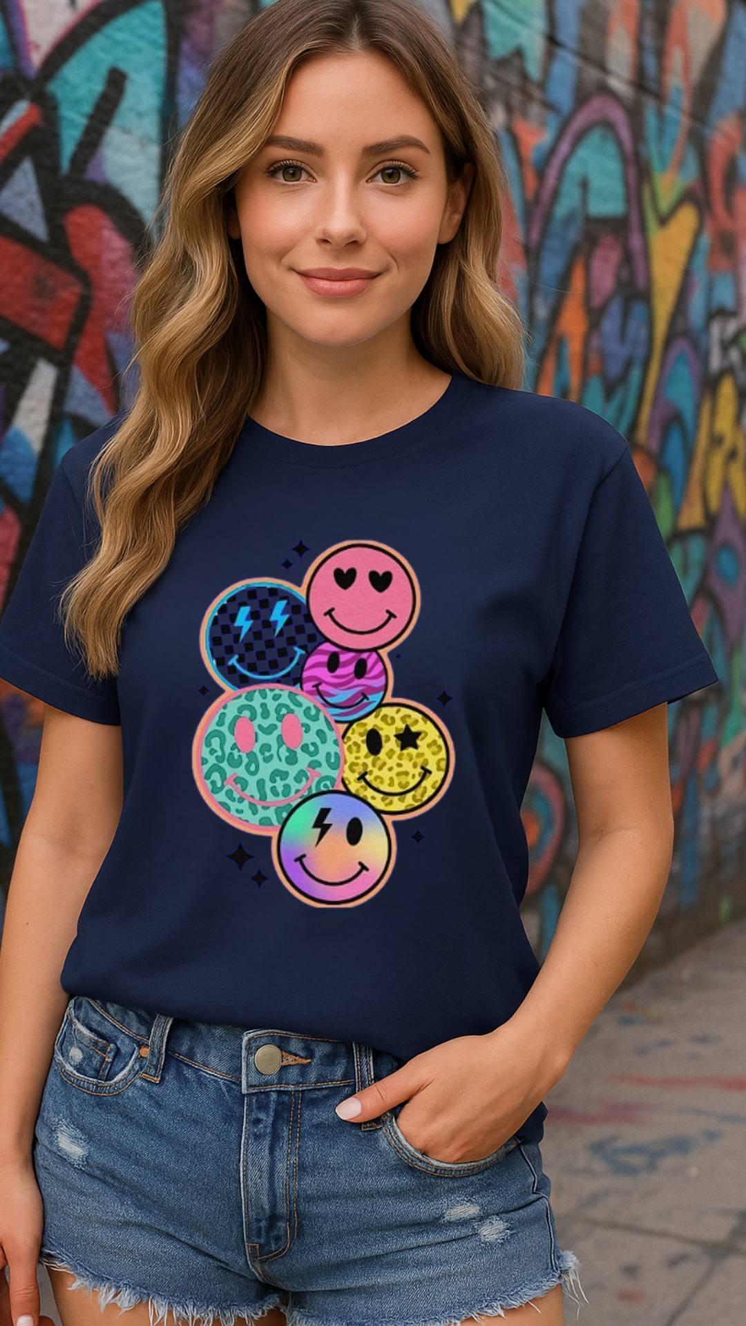 Women's Multi Smile Streetwear Classic Fit T-shirt