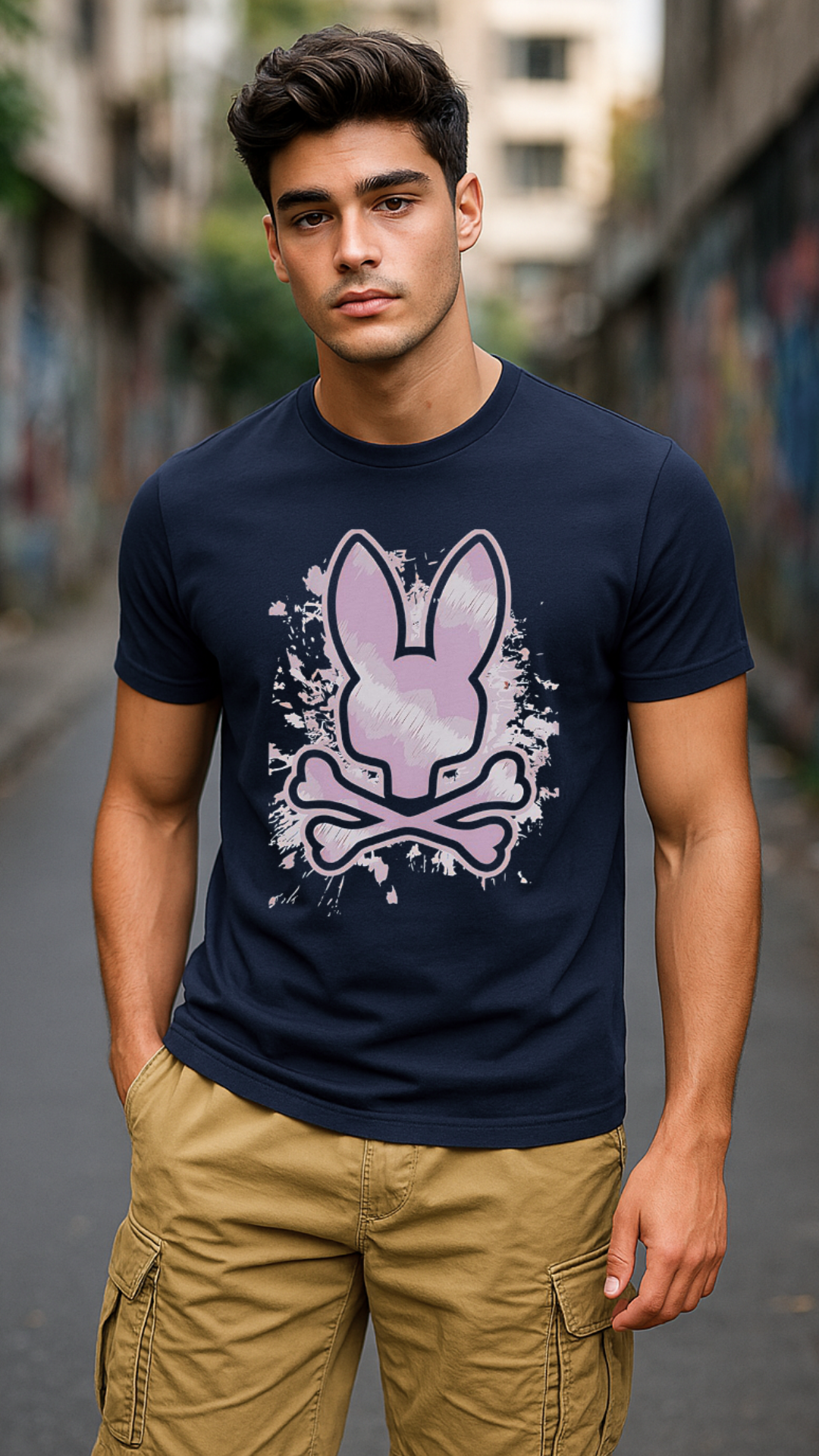 Men's Spray Skull Bunny Streetwear Classic Fit T-shirt