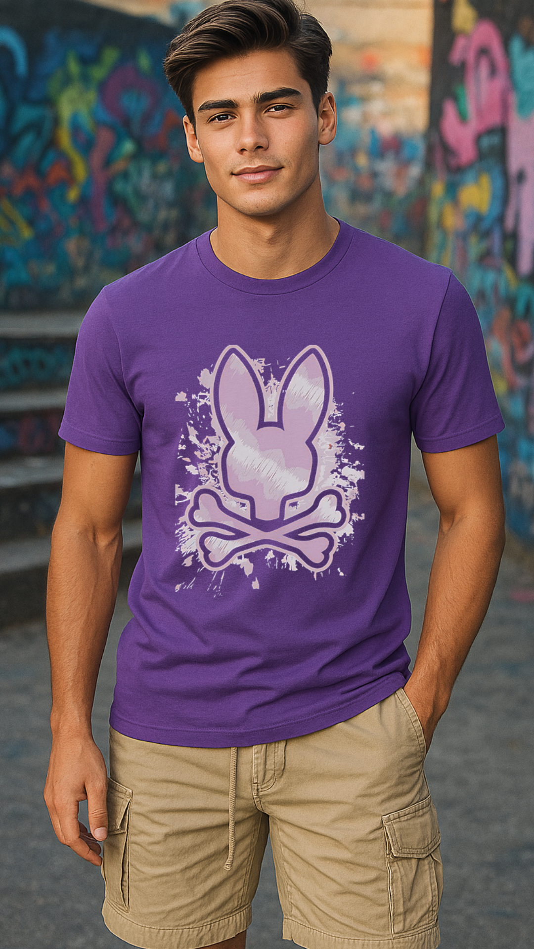 Men's Spray Skull Bunny Streetwear Classic Fit T-shirt