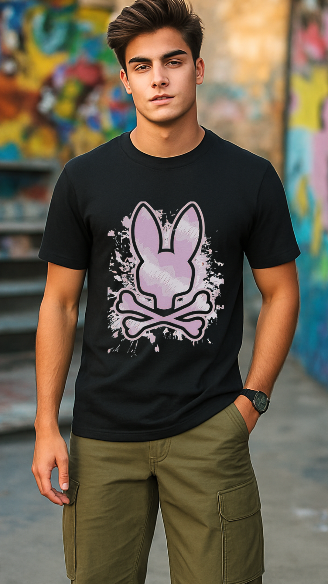 Men's Spray Skull Bunny Streetwear Classic Fit T-shirt