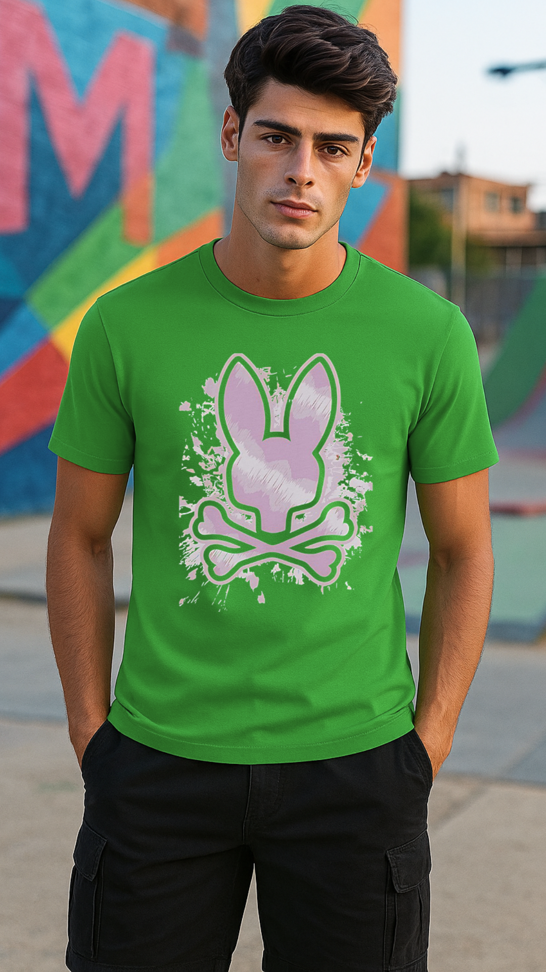 Men's Spray Skull Bunny Streetwear Classic Fit T-shirt