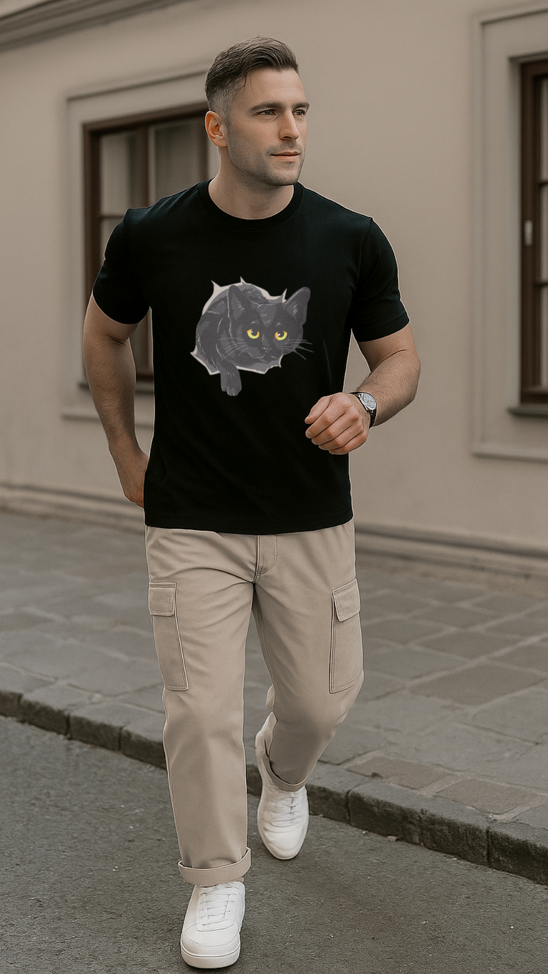 Men's Black Cat Streetwear Classic Fit T-shirt