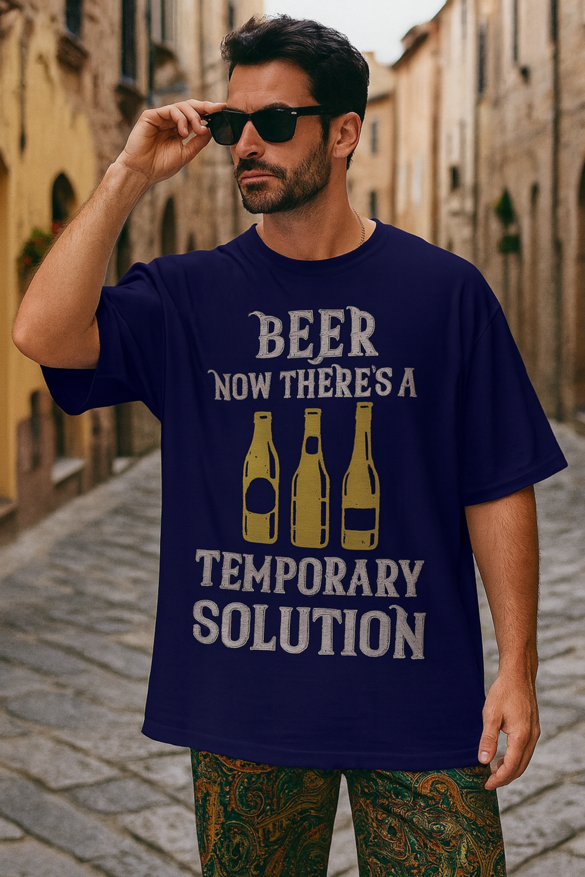Men's Beer Solution Typography Oversized T-shirt