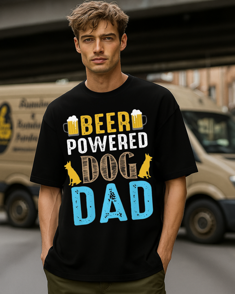 Men's Beer Powered Dog Dad Typography Oversized T-shirt