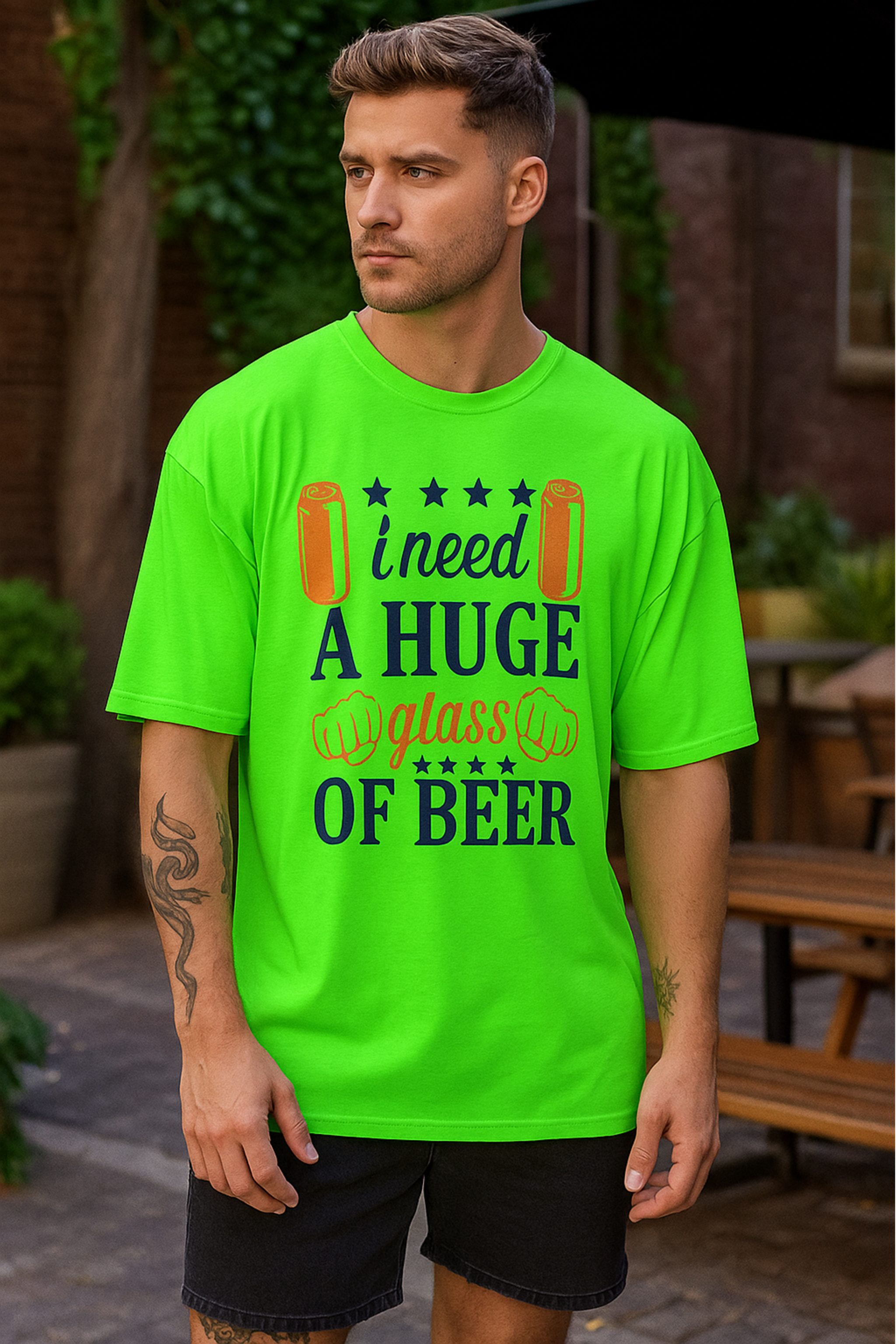 Men's Need Huge Beer Glass Typography Oversized T-shirt
