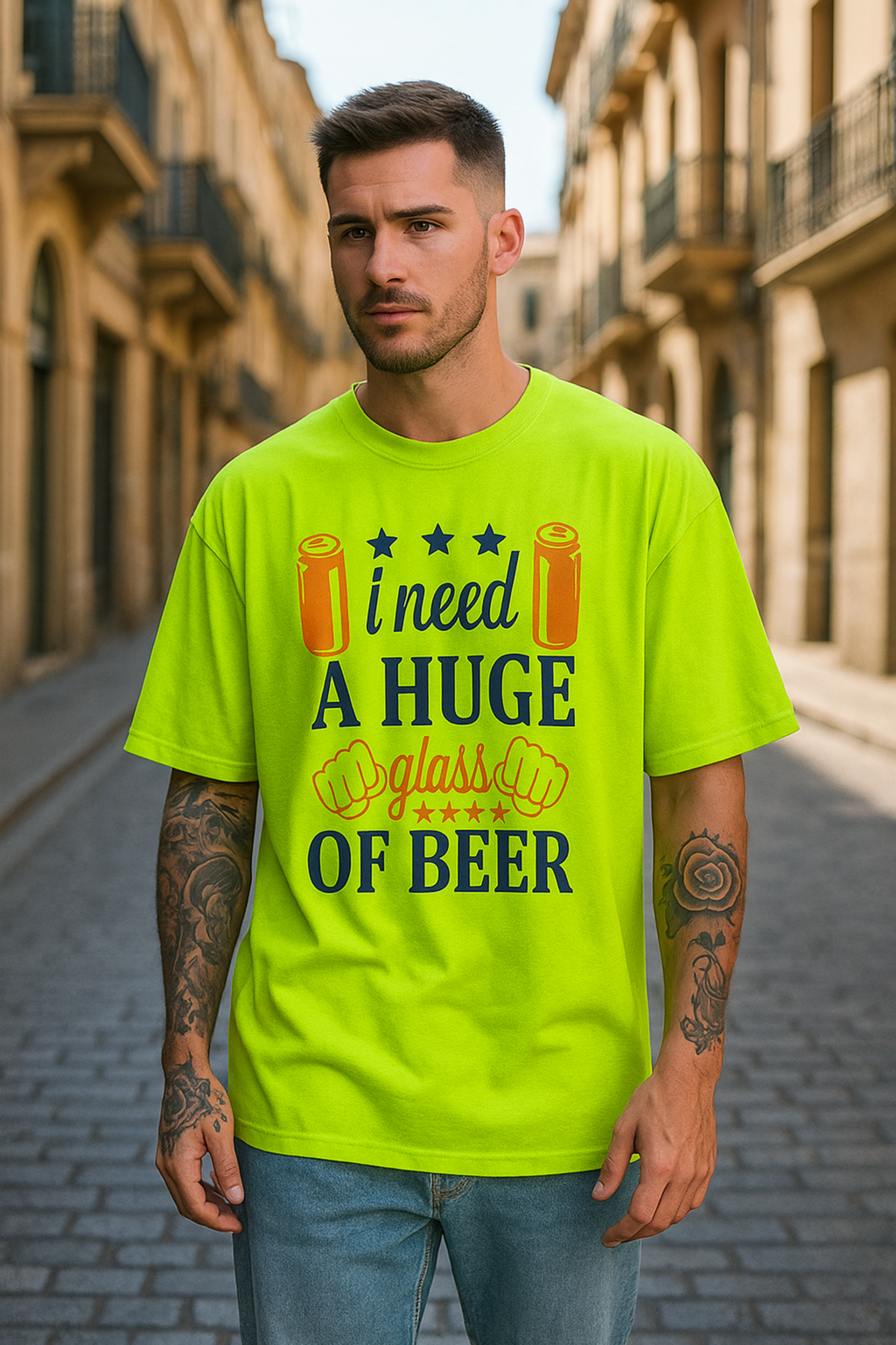 Men's Need Huge Beer Glass Typography Oversized T-shirt