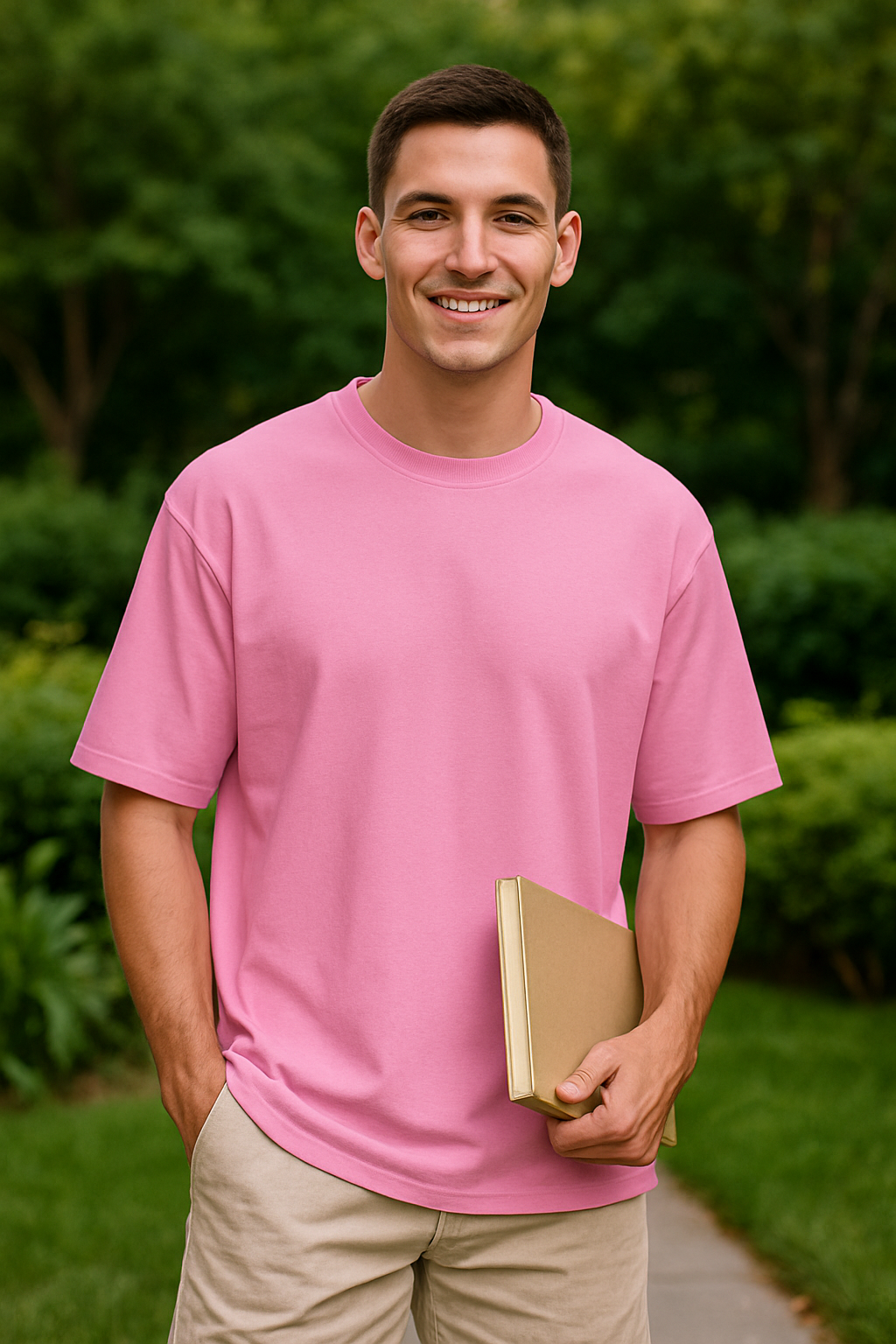 Men's Light Thulian Pink Solid Oversized T-shirt