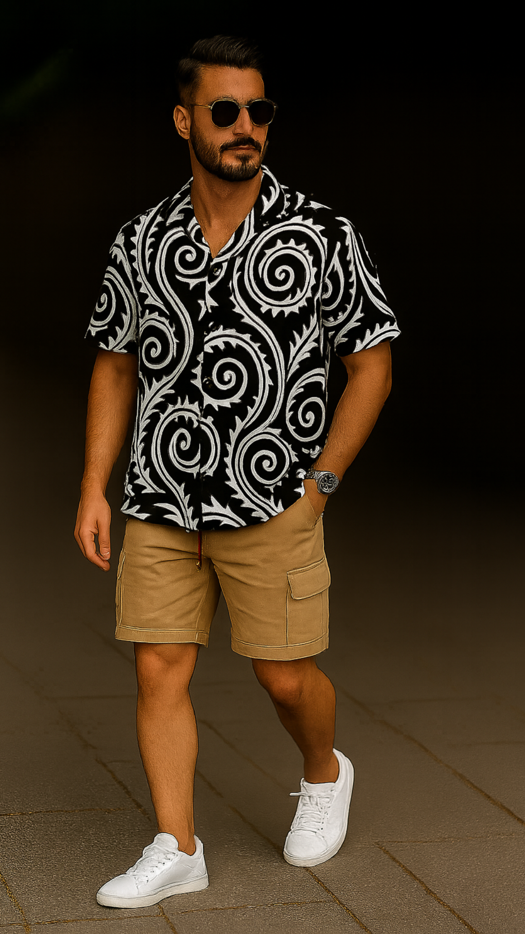 Men's Black Spirilla Abstract Half Sleeve Shirt