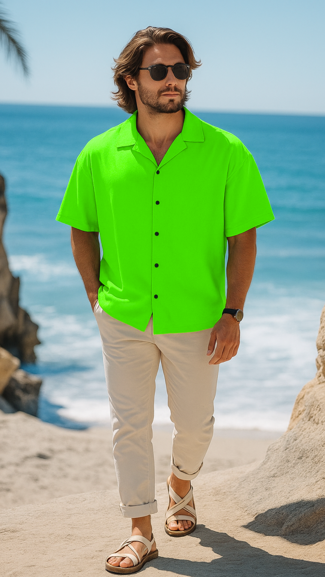 Men's Neon Green Solid Half Sleeve Shirt