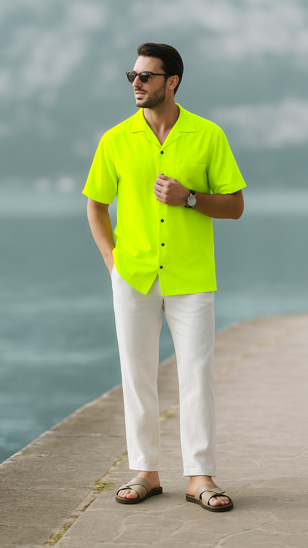 Men's Fluorescent Yellow Solid Half Sleeve Shirt