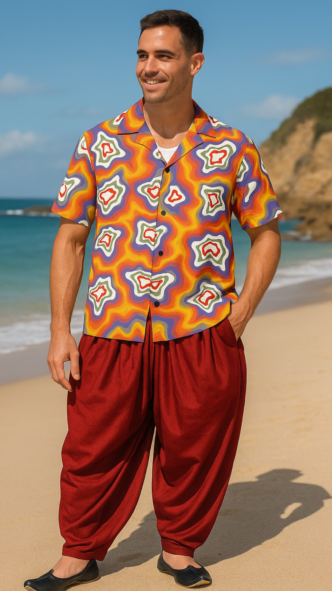 Men's Cosmic Orange Swirl Abstract Half Sleeve Shirt