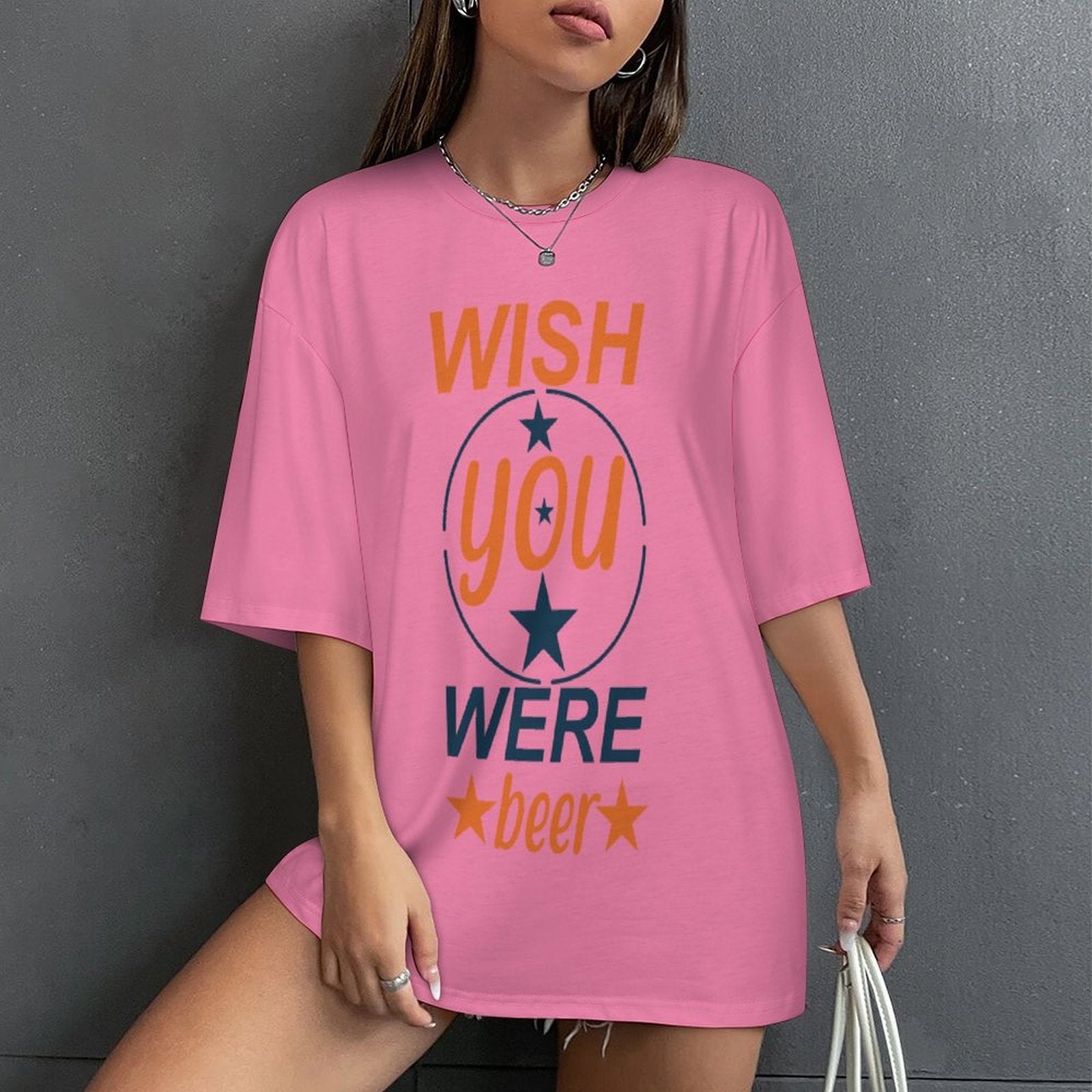 Women's Wish You Were Beer Typography Oversized T-shirt