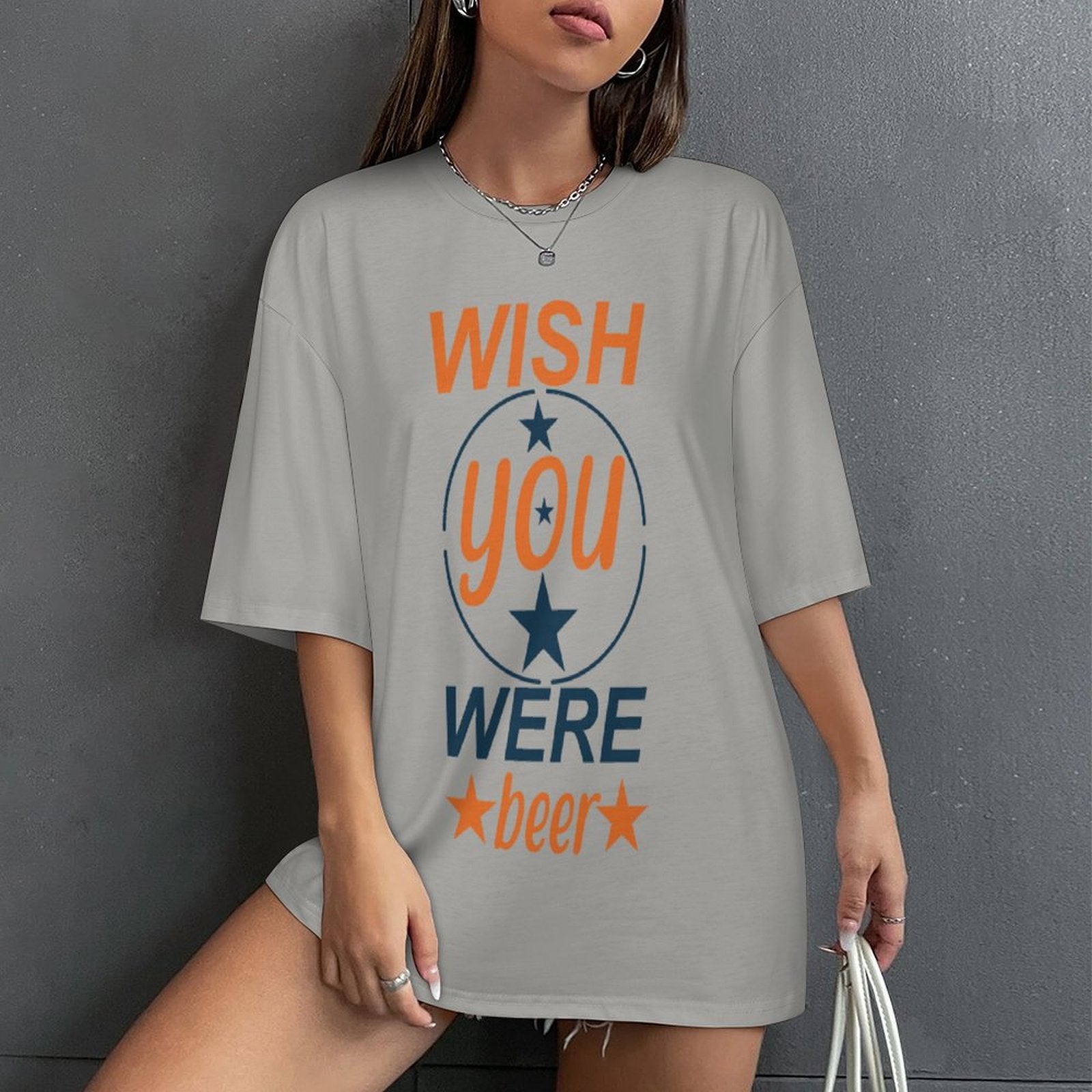 Women's Wish You Were Beer Typography Oversized T-shirt