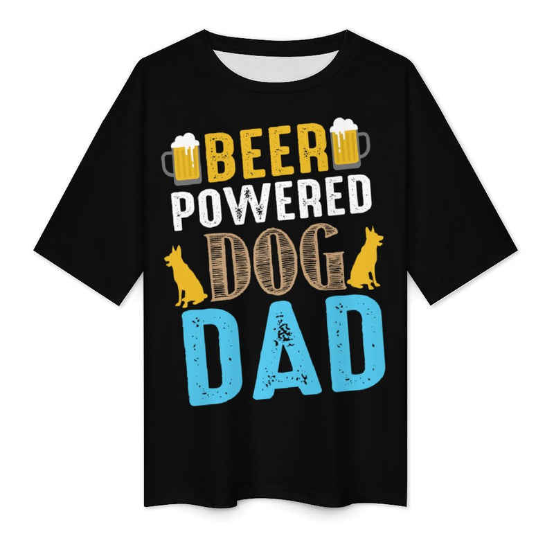 Men's Beer Powered Dog Dad Typography Oversized T-shirt