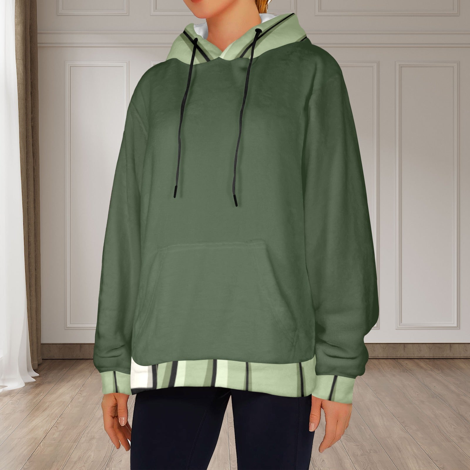 Women's Grey Asparagus Green Solid Flannel Hoodie