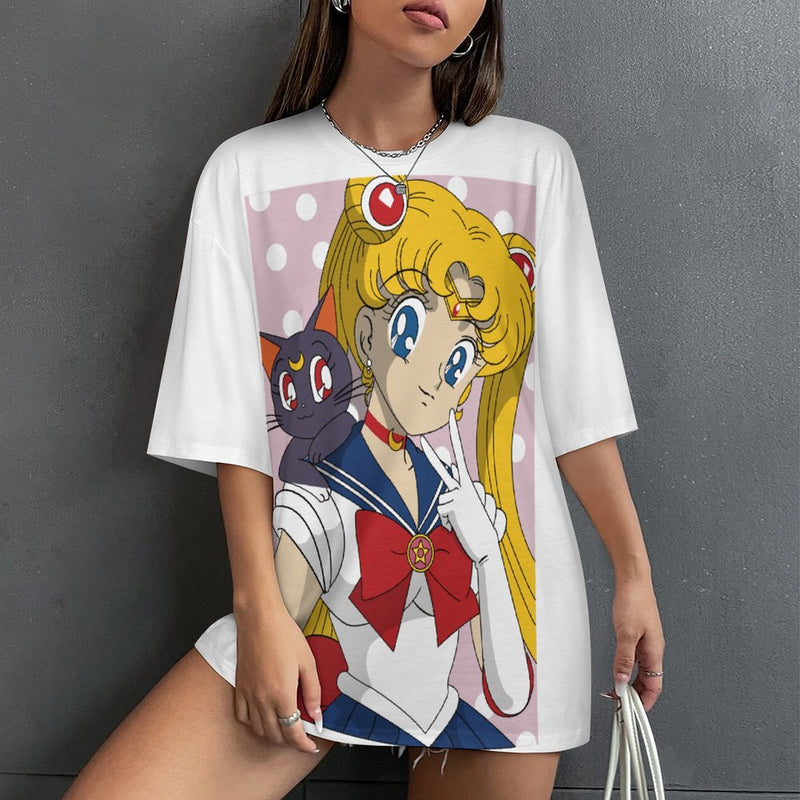 Women's Sailor Moon with Cat Anime Oversized T-shirt