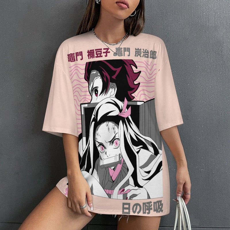 Women's Nezuko & Tanjiro Demon Slayer Anime Oversized T-shirt