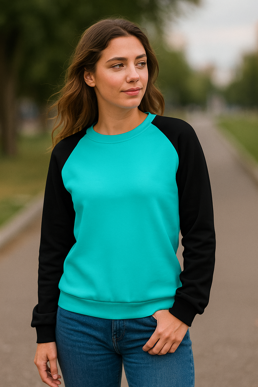 Women's Aqua Blue & Black Solid Sweatshirt
