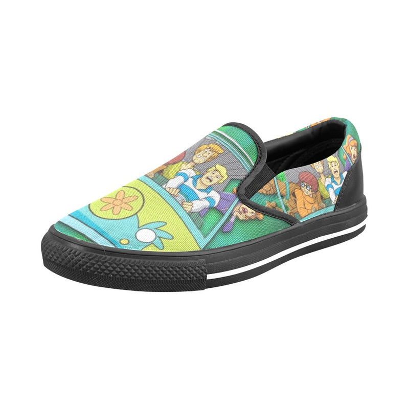 Women's Scooby-Doo Mystery Machine Gang Cartoon Print Canvas Slip-on Shoes (Black)
