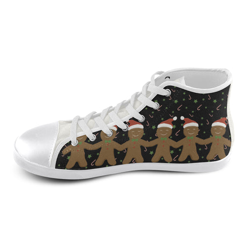 Kid's Ginger Bread Christmas Print Canvas High Top Shoes (White)