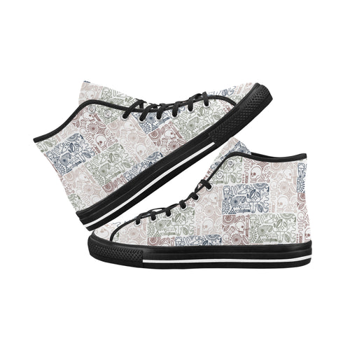 Women's White Skull Doodle Print Canvas High Top Shoes