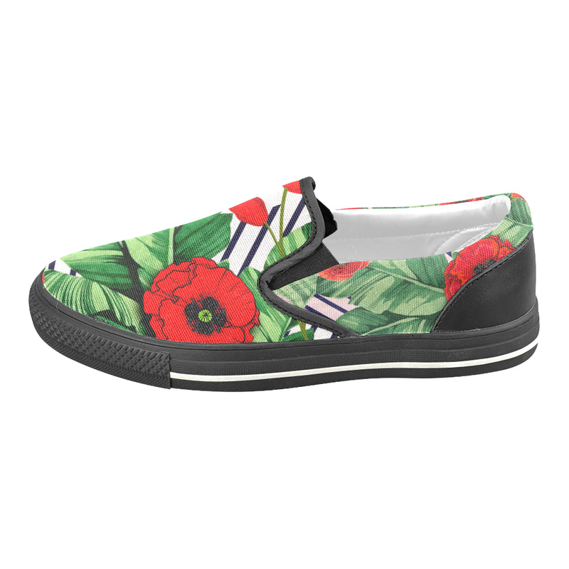 Men's Pop Red Floral Print Canvas Slip-on Shoes