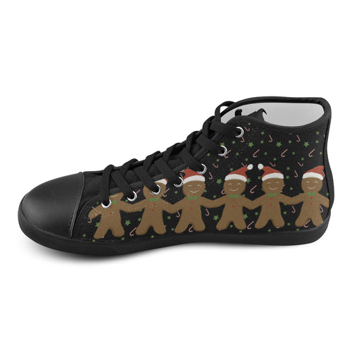 Kid's Ginger Bread Christmas Print Canvas High Top Shoes (Black)
