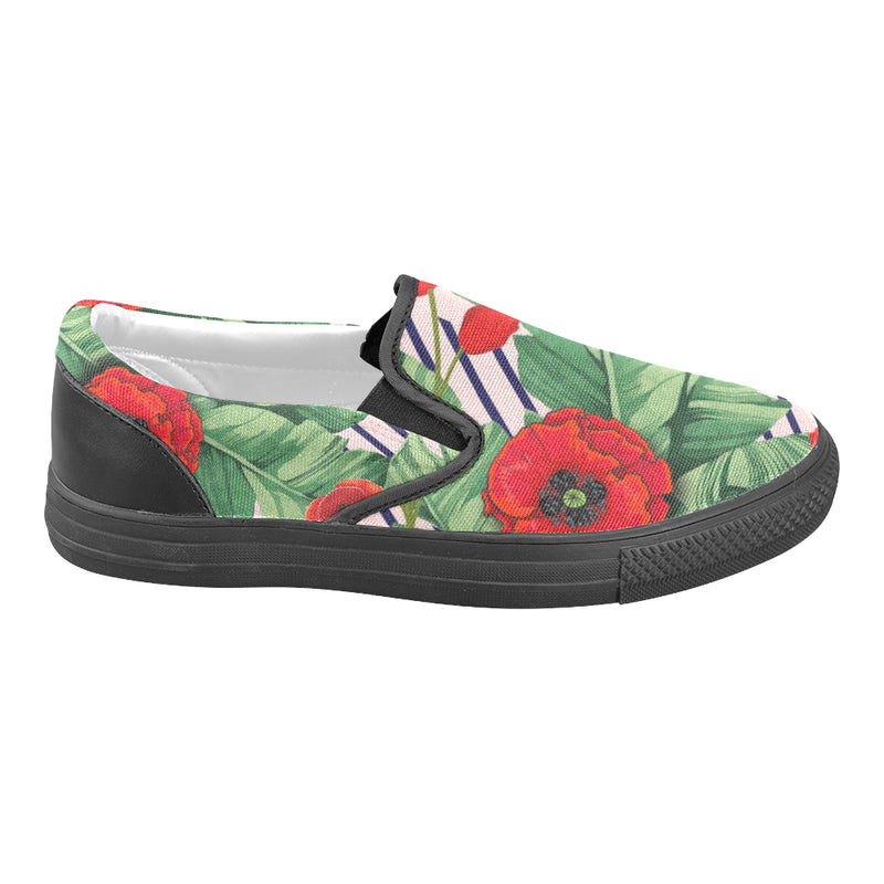Men's Big Size Pop Red Floral Print Canvas Slip-on Shoes